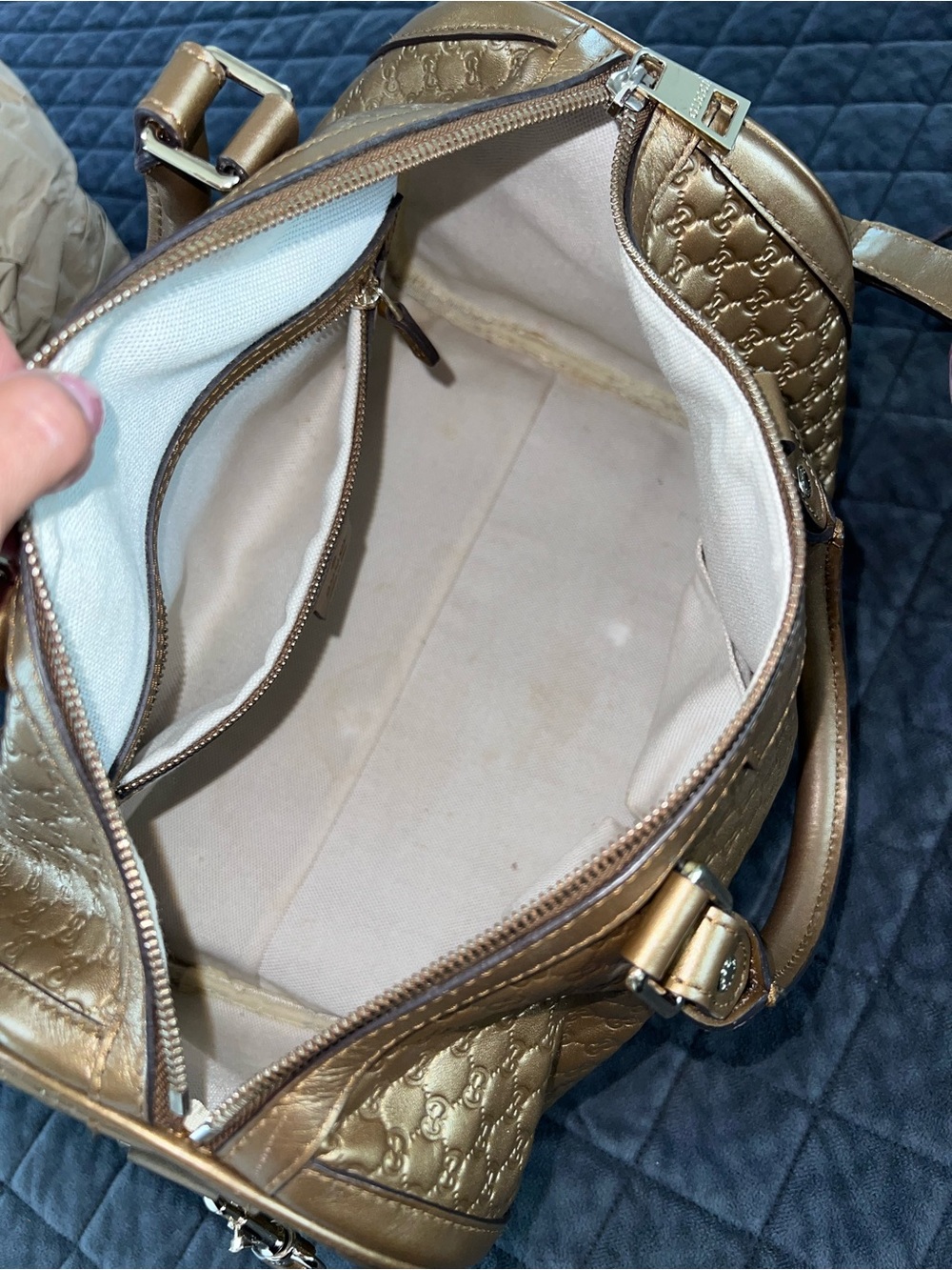 Gucci Boston Purse Metallic Bronze Duffle Bag Style Gold Crossbody Strap - Picture 14 of 16